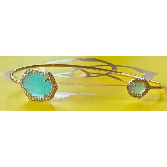 Tai Hex Open Bracelet Adjustable Gold Cuff Blue-Green Glass, Crystals - Picture 5 of 5